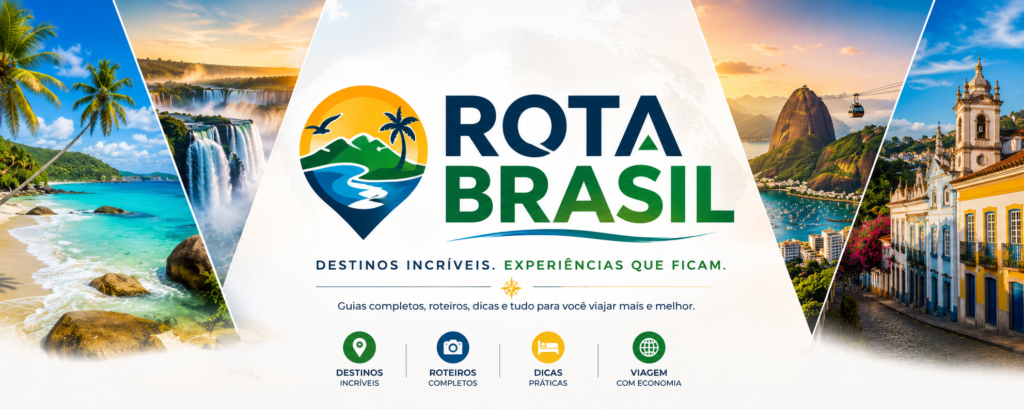 Banner do portal Rota Brasil mostrando praias tropicais, cachoeiras, montanhas, cidade histórica e paisagens brasileiras com a identidade visual do site.
